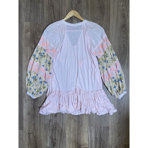 Free People MIX IT UP Size S Pink Floral Beaded Tunic Top / Mini Dress - Picture 4 of 11